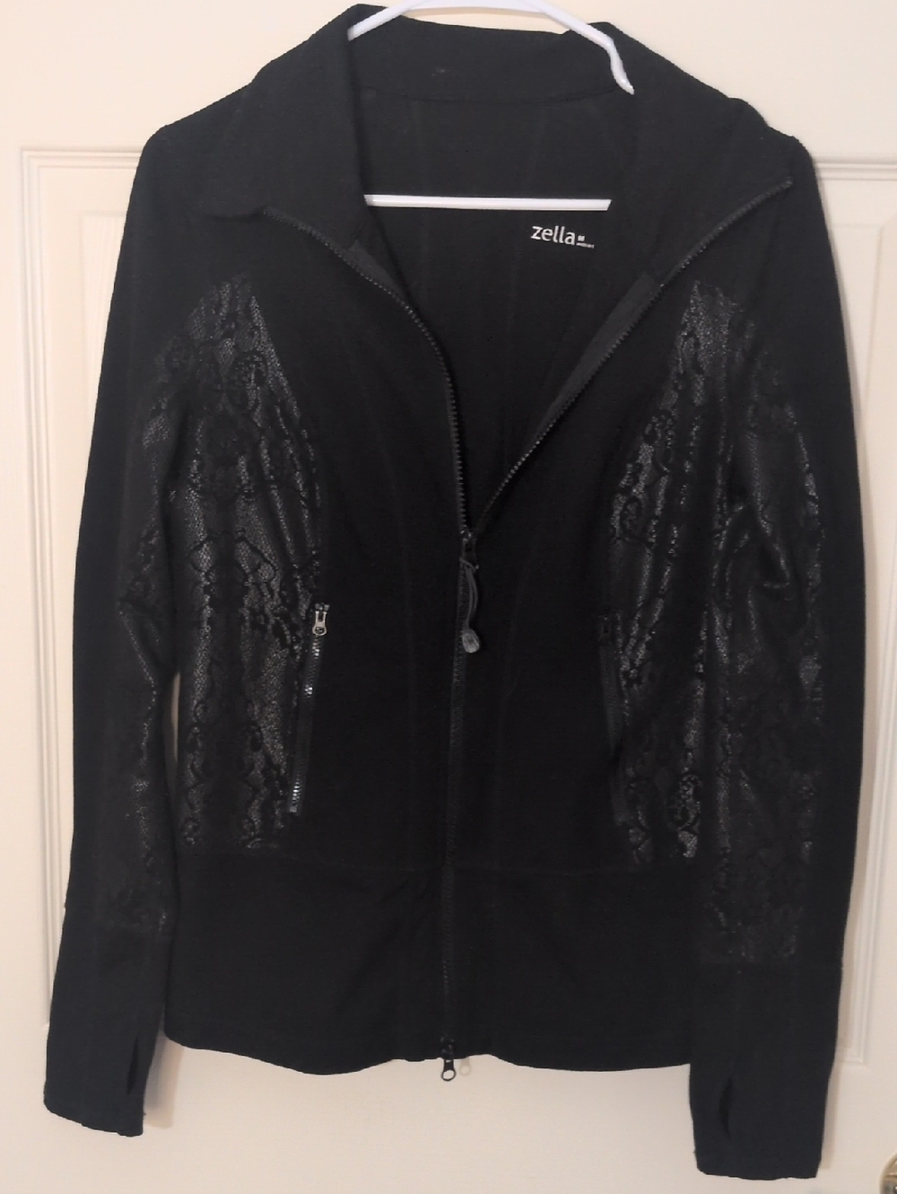 Zella Black Activewear Jacket with Subtle Lacey Texture, Size Medium
